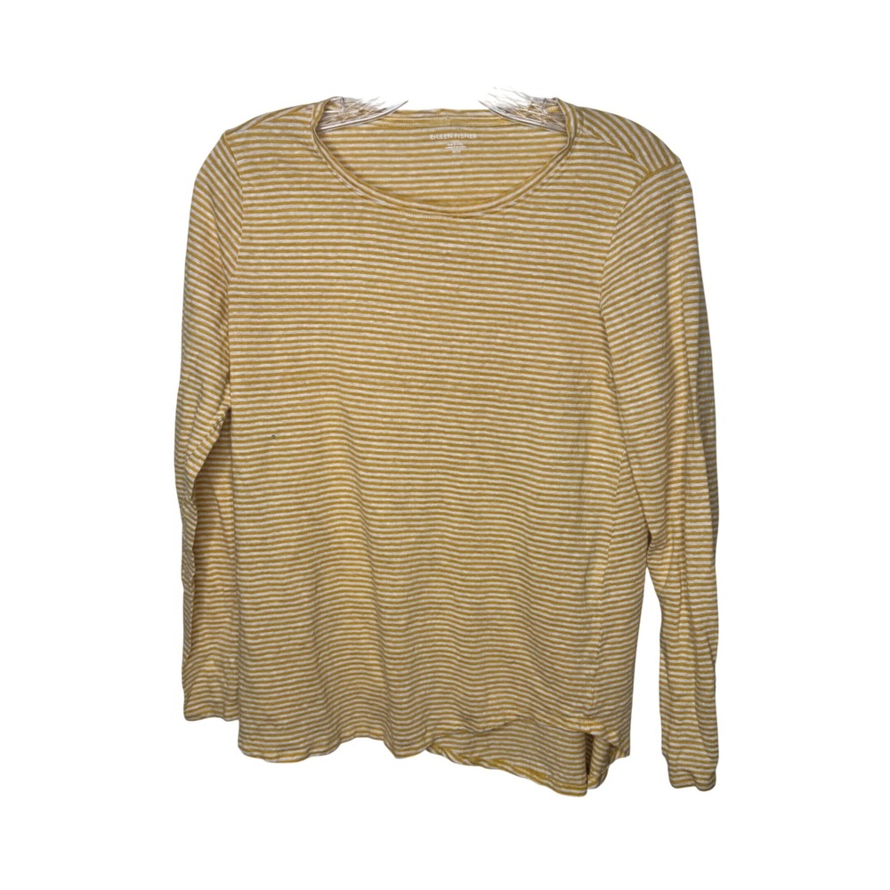Eileen Fisher Womens Medium Organic Linen Striped Long Sleeve Top Mustard Yellow